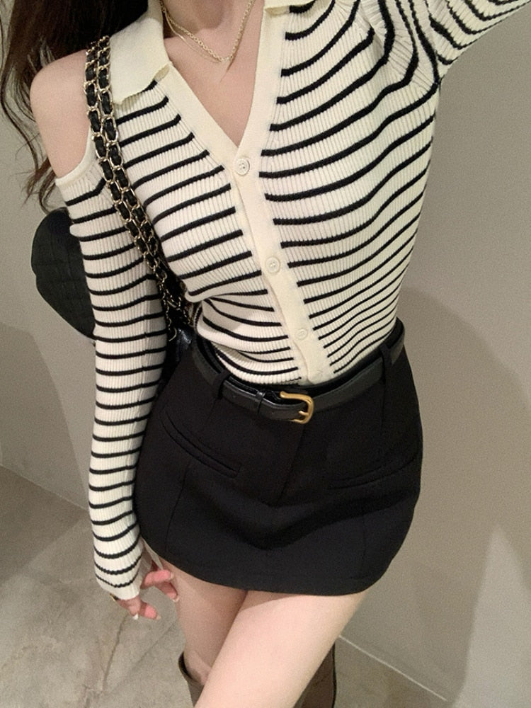 Casual Knitted Sweater Women Sexy Slim Y2k Crop Tops Female Autumn Striped Cardigan Korean Fashion Clothing Chic Blouse