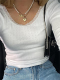 Vintage Ribbed Knitted Long Sleeve T-Shirts Y2K Cute Lace White Tops Chic Women Autumn Spring Casual Tees