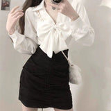 New Spring 2 Piece Skirts Set Women Long Sleeve V-neck Loose Bow Shirt + Mini Skirts Sweet Fashion Suit Korean  Clothing