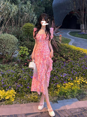 Autumn Beach Floral One Piece Dress Korean Ladies Short Sleeve French Elegant Dress Fashion Party Casual Vintage Midi Dress