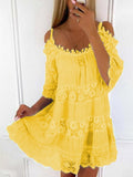 New Casual Loose Smocked Sundress Summer Vintage Lace Paneled Resort Style Dress Women Sling Off Shoulder Beach Dresses Vestidos