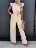 Summer Fashion Waist Lace-up Party Wide Leg Pant Women Elegant Solid Ruffle Sleeve Jumpsuit Casual Office O Neck Romper Overalls