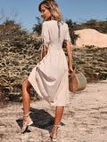 Summer Women's Short Sleeve V Neck Solid Color Single Breasted Cotton Linen A Line Causal Dress