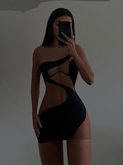 Kliou Patchwork Mini Dress Women Sexy Mesh One Shoulder High Waist Robe Girl Hot Bodycon Party Clubwear Female Midnight Skirt