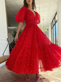 Sexy V Neck Shiny Mesh Puff Sleeve Dress Elegant Summer Waist Slit Slim Party Dress Women Fashion Solid Chic Pleated Long Dress