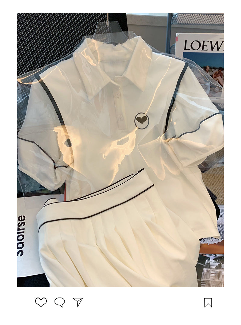 Women's Sports Suit White Polo Collar Short Sleeves Pleated Short Skirt Two Piece Set Casual Korean Fashion Baggy Ladies Summer