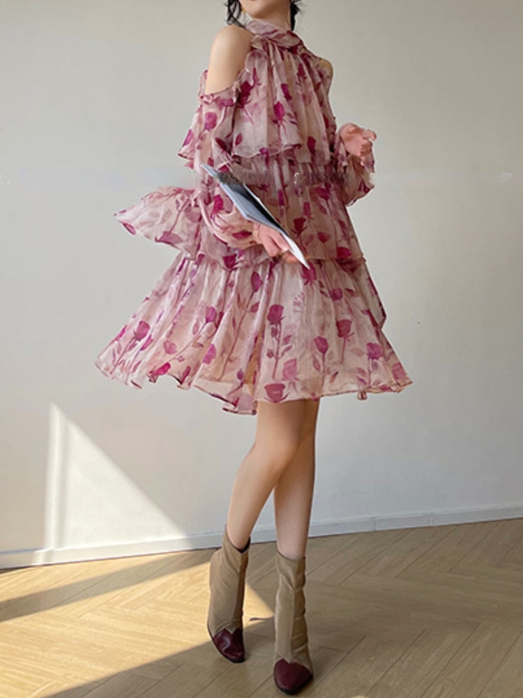 Floral Mini Dress Beach Style Woman Boho Autumn Long Sleeve Short Party Dress Casual Elegant Korean Fashion Dress Female