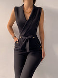Sexy Black Office Jumpsuit Lady Elegant Pocket Metal Button Bodycon Playsuit Casual One Piece Sleeveless Lace-Up Romper Overalls