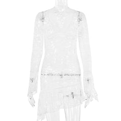 Sexy See Through V-neck Longsleeve Lace Mini Dress Women Summer Skinny Hollow Out Dresses Club Party Clothes