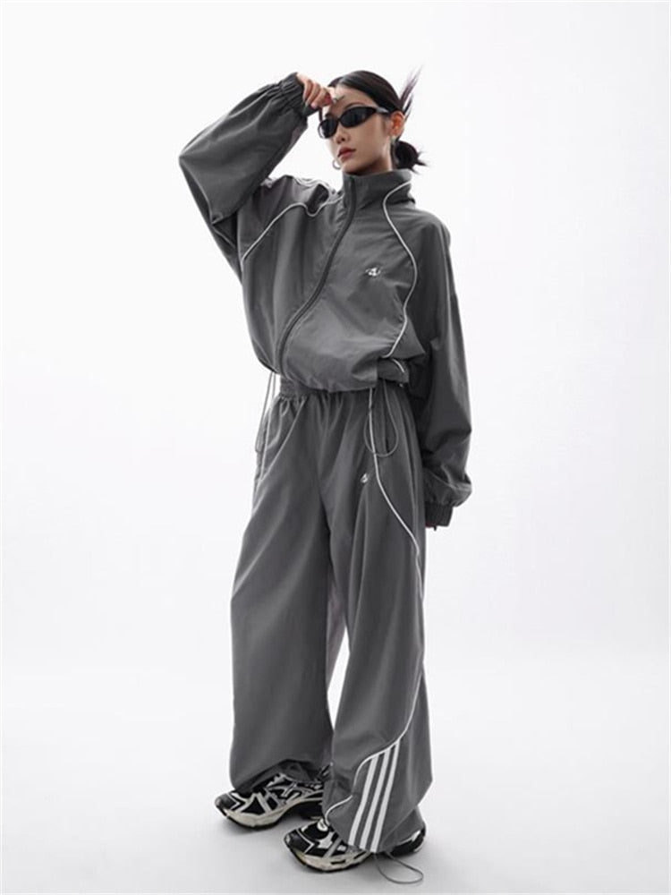 Y2K Gorpcore Pant Sets Women Streetwear Vintage 90s Two Piece Set Oversized Tracksuit Wide Leg Track Pants Hip Hop Jacket