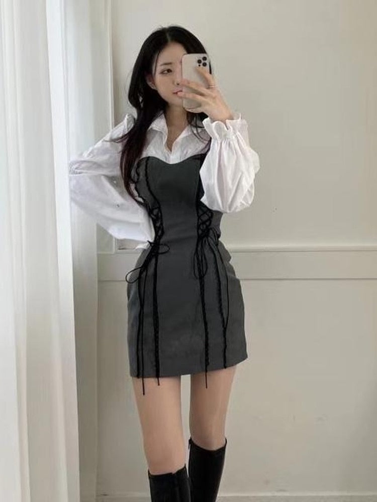 Korean Bandage Bodycon Dress Women Vintage Kpop Wrap Short Dresses Casual Long Sleeve Spring Chic Slim Robes Female