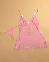 Valentine's Day Lingerie Women Two Piece Dress Suit Sexy Bowknot Decor Lace Babydoll With Thong Summer Homewear Clothes