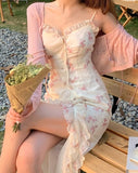 Summer Floral Sleeveless Midi Dress Elegant Sexy French Vintage Strap Dress Woman Party One Piece Dress Korean Fashion