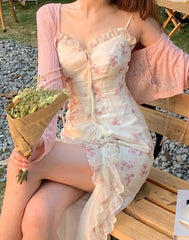 Summer Floral Sleeveless Midi Dress Elegant Sexy French Vintage Strap Dress Woman Party One Piece Dress Korean Fashion