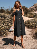 Summer Women's Short Sleeve V Neck Solid Color Single Breasted Cotton Linen A Line Causal Dress