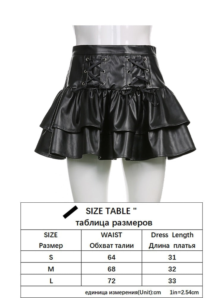 Gothic Bandage Pu Pleated Skirt Darl Black Leather High Waisted Mini Skirts Women Fashion Preppy Style Streetwear