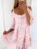 New Casual Loose Smocked Sundress Summer Vintage Lace Paneled Resort Style Dress Women Sling Off Shoulder Beach Dresses Vestidos