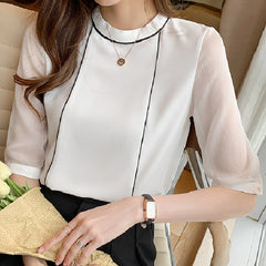 Summer Women Blouse O-Neck Blue Chiffon Blouse Shirt Tops Women Short Sleeve Blouse Women Blusas Mujer De Moda Blouses F97