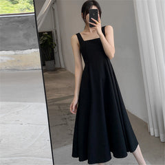 Sleeveless Dress Women Inside Spaghetti Strap Autumn Black Temperament French Retro Square Collar Solid Elegant Casual Fashion