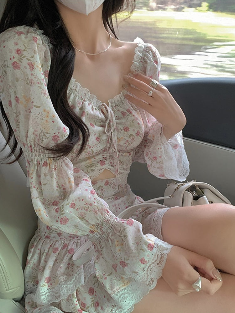 Summer Sweet 2 Piece Dress Set Woman Korean Fashion Suit Beach Floral Y2k Mini Skirt + Casual Lace Crop Tops Elegant Chic