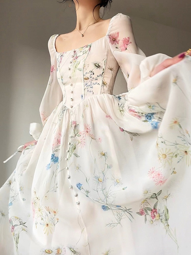 French Elegant Floral Midi Dress Chiffon Long Sleeve Evening Party Dre
