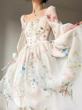 French Elegant Floral Midi Dress Chiffon Long Sleeve Evening Party Dress Woman Beach Fairy One Piece Dress Korean Summer
