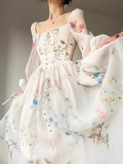 French Elegant Floral Midi Dress Chiffon Long Sleeve Evening Party Dress Woman Beach Fairy One Piece Dress Korean Summer
