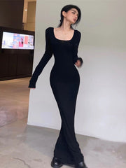 Y2K Sexy Black Dress Women Vintage Wrap Slim Bodycon Long Dresses Party Evening Square Collar Fashion Spring Outfits