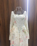 Chiffon Floral Midi Dress Office Lady Summer Elegant One Piece Dress Korean Fashion Beach Style Causal Long Sleeve Sundress