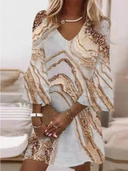 Women Casual Pattern Print Flared Sleeve Dress Fashion Office V Neck A-Line Commute Dress Summer Elegant Harajuku Pullover Dress