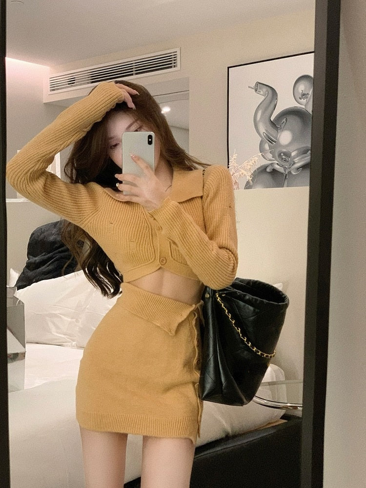 Knitted 2 Piece Dress Set Dress Women Autumn Casual Long Sleeve Korean Style Sweater Suit Office Lady Elegant Y2k Chic Sets
