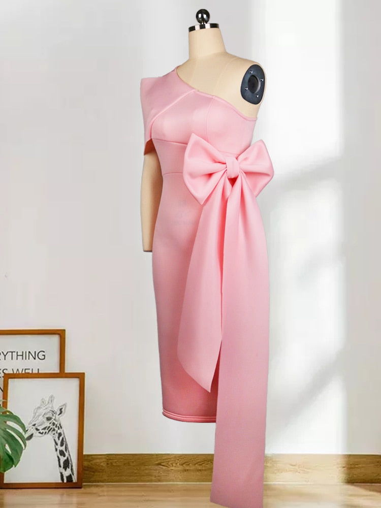Women Pink Dress One Shoulder with Bowtie Waist Belt Party Christmas Elegant Slim Birthday African Event Celebrate Occasion New Pbong mid size graduation outfit romantic style teen swag clean girl ideas 90s latina aesthetic