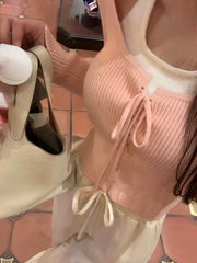 Pure Color Fake Two Pullover Korean Style Y2k Crop Tops Woman Slim Causal Long Sleeve Knitted Sweater Clothing Spring Chic