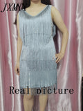 Women Elegant Sleeveless Mini Dress Women Sexy Summer Fashion V Neck Feather Tassel Dress Party Lady Casual Sequin Pencil Dress