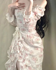 Summer Fairy Vintage Dress Women Casual Korean Style Beach Floral Party Midi Dress Female Print Sweet Lace Sexy Y2k Split Dress
