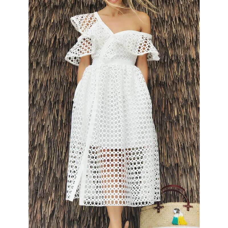 Elegant Hollow Out Lace Dress Women Sexy Inclined Shoulder V Neck Ruffles Party Dresses Summer White A Line Long Dress