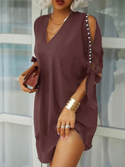 Women Elegant V Neck Party Dress Summer Sexy Hollow Out Sleeved Loose Dresses Casual Solid Office Ladies Mini Dress Size S-5XL