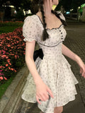 Summer French Vintage Floral Mini Dress Woman Beach Elegant One Piece Dress Korean Fashion Bow Sweet Short Party Dress Chic