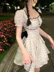 Summer French Vintage Floral Mini Dress Woman Beach Elegant One Piece Dress Korean Fashion Bow Sweet Short Party Dress Chic