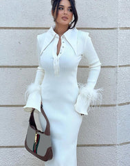 Women's POLO Collar Maxi Dress Feather Flare Sleeves Single Breasted Long Vestidos New Elegant Fashion Streetwear
