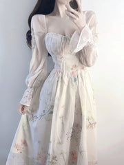 Chiffon Elegant Floral Midi Dress Woman Party Beach Style Long Sleeve Dress Boho One Piece Dress Korean Fashion Summer