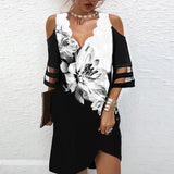 Pbong mid size graduation outfit romantic style teen swag clean girl ideas 90s latina aesthetic Summer V Neck Dress Women Casual Off Shoulder Lace Mesh Patchwork Beach Dress Elegant Floral Print Black Party Mini Dress Robe