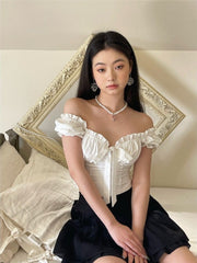 Kawaii White Blouse Women Sweet Ruffles Puff Sleeve Crop Tops Summer Short Sleeve Casual High Street Korean Fashion