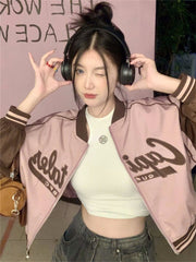 Korean Fashion Pink Bomber Jacket Women Oversized Y2K Vintage Preppy Blue Zip Up Outerwear Kpop Patchwork Varsity Jackets