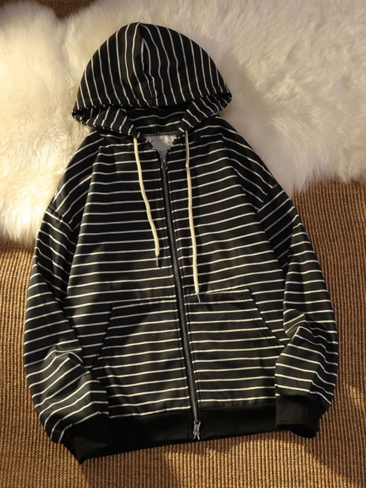 Zip Up Women Korean Style Hoodies For Girls Top Vintage stripe Long Sleeve Oversized Hooded Sweatshirt Jacket Casual Large Coats