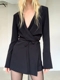 Black Satin V-Neck Shirt Dress Women  Spring Flare Sleeve Lace Up Mini Dresses Elegant Ladies Party Vestidos