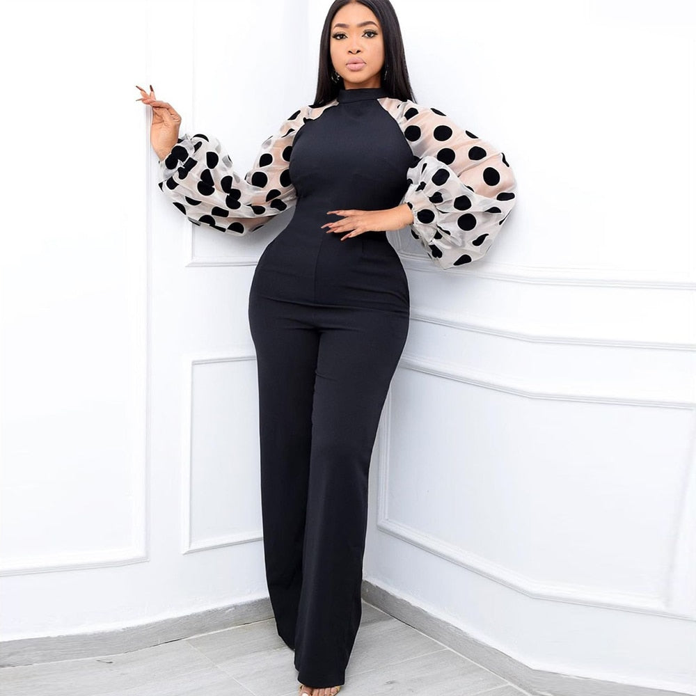 Women Black Jumpsuits Patchwork Sleeves Polka Dot See Through High Waist Slim Elegant Office Ladies One Piece Fashion Bodysuit  Pbong mid size graduation outfit romantic style teen swag clean girl ideas 90s latina aesthetic