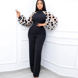 Women Black Jumpsuits Patchwork Sleeves Polka Dot See Through High Waist Slim Elegant Office Ladies One Piece Fashion Bodysuit  Pbong mid size graduation outfit romantic style teen swag clean girl ideas 90s latina aesthetic