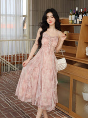 Casual Fairy Floral Strap Dress Women Chiffon Elegant Evening Party Midi Dress Ruffle Sweet Korean Dress Women Sweet Summer
