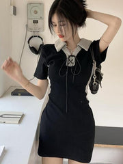 Korean Bodycon Tshirt Dress Women Casual Wrap Polo Collar Short Sleeve Dresses Summer Kpop Streetwear Design